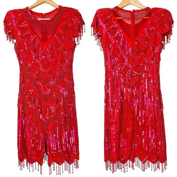 VTG 100% Silk 80s Fringed Beadwork Flapper Dress S - Picture 2 of 15